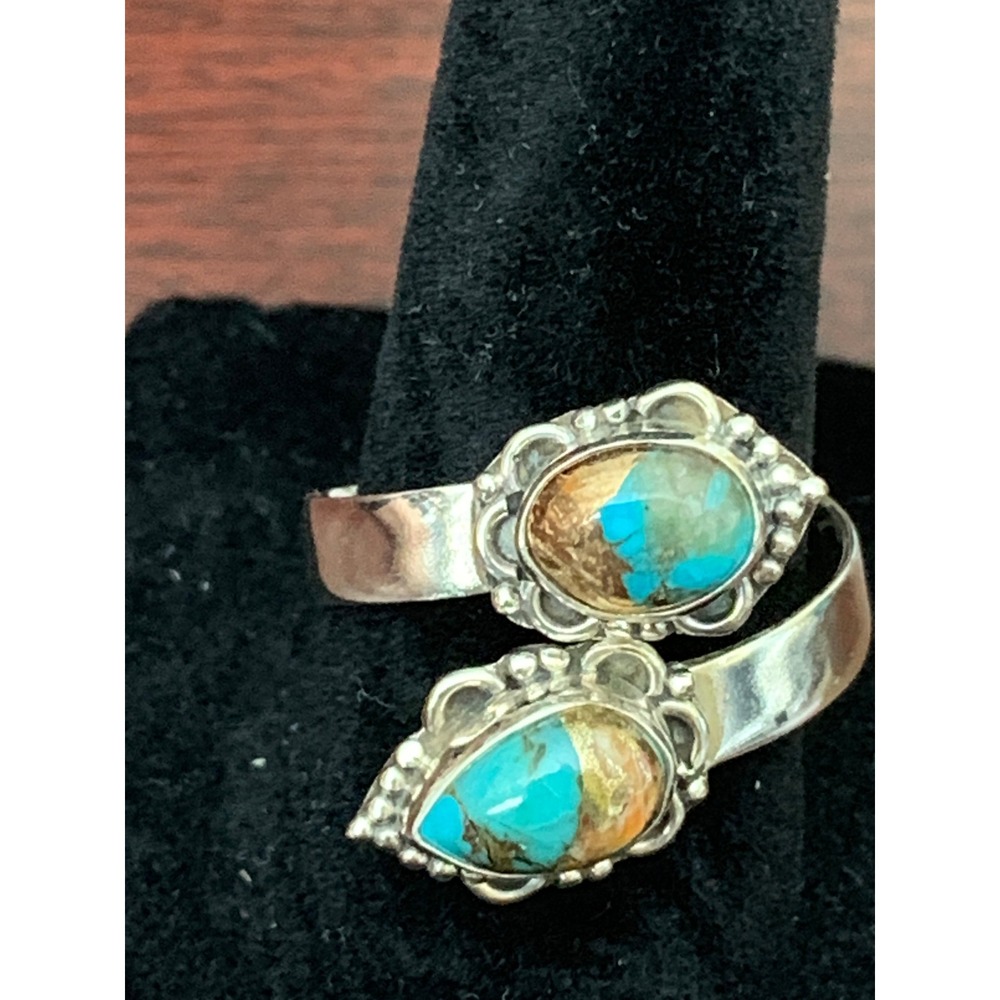 925 Sterling Silver Spiny Oyster Turquoise Adjustable Bypass Ring Southwestern